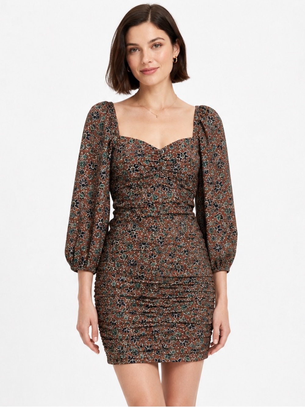 NWT Veronica Beard Nadi Ruched Floral Cotton Mini Dress Cinnamon Multi Size 2